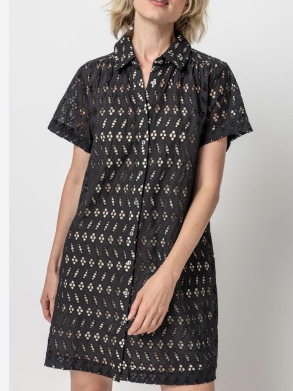 Lilla P Black Eyelet Short Sleeve Cotton Shirtdress